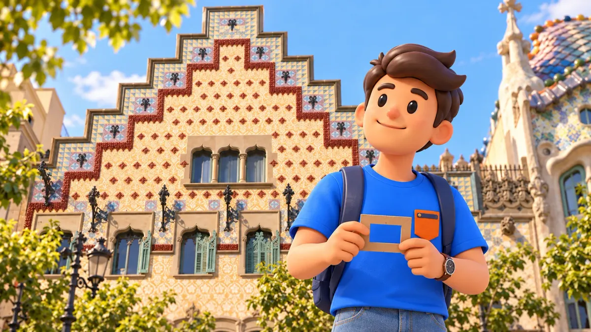 Illustration of a traveller holding a cardboard viewfinder before Casa Amatller’s stepped gable.