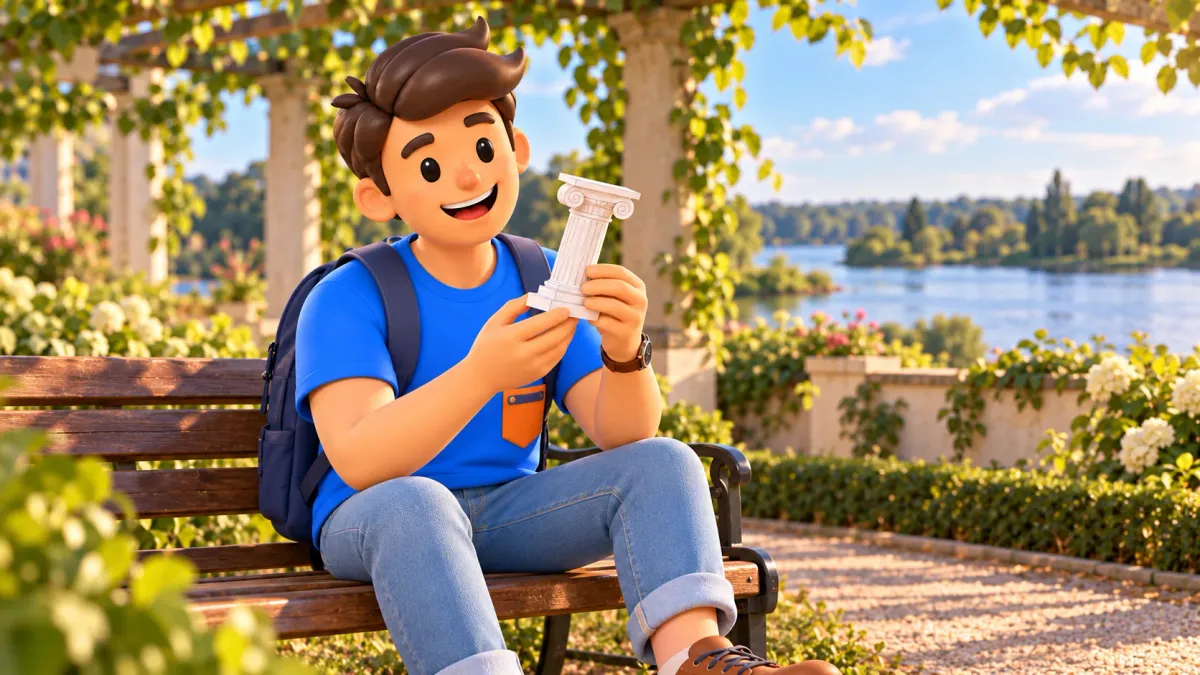 Illustration d’un voyageur examinant une colonne classique miniature imaginaire en papier sur un banc.
