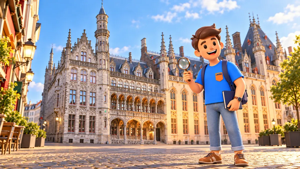 Personaje con lupa y cuaderno cerrado ante Historium en el Markt