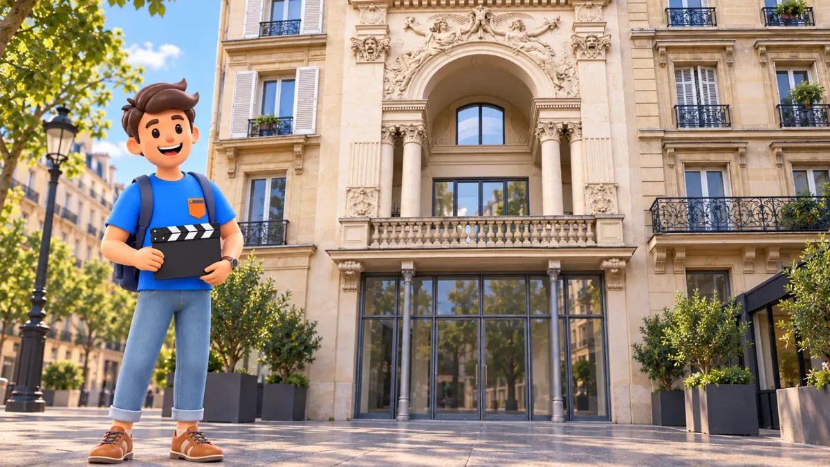 Un voyageur avec un clap observe depuis la rue la façade historique de la Fondation Jérôme Seydoux-Pathé.
