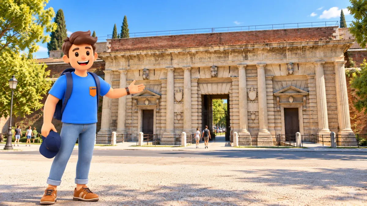 RoadMe character holding a cap beside Porta Palio's outer façade