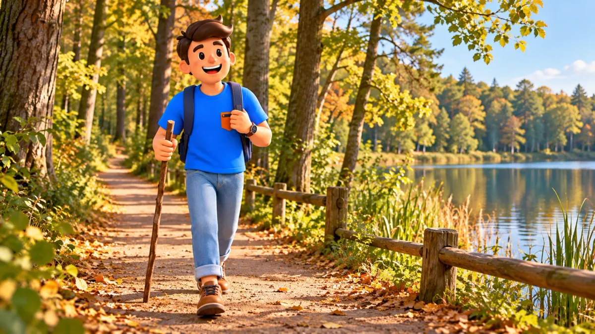 Illustration of a traveller with a walking stick on a woodland lakeside path.