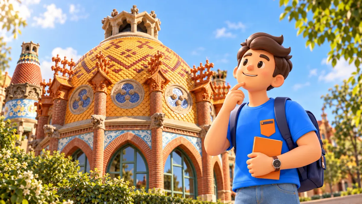 Illustration of a traveller with a notebook observing a Sant Pau pavilion’s coloured tiled dome.