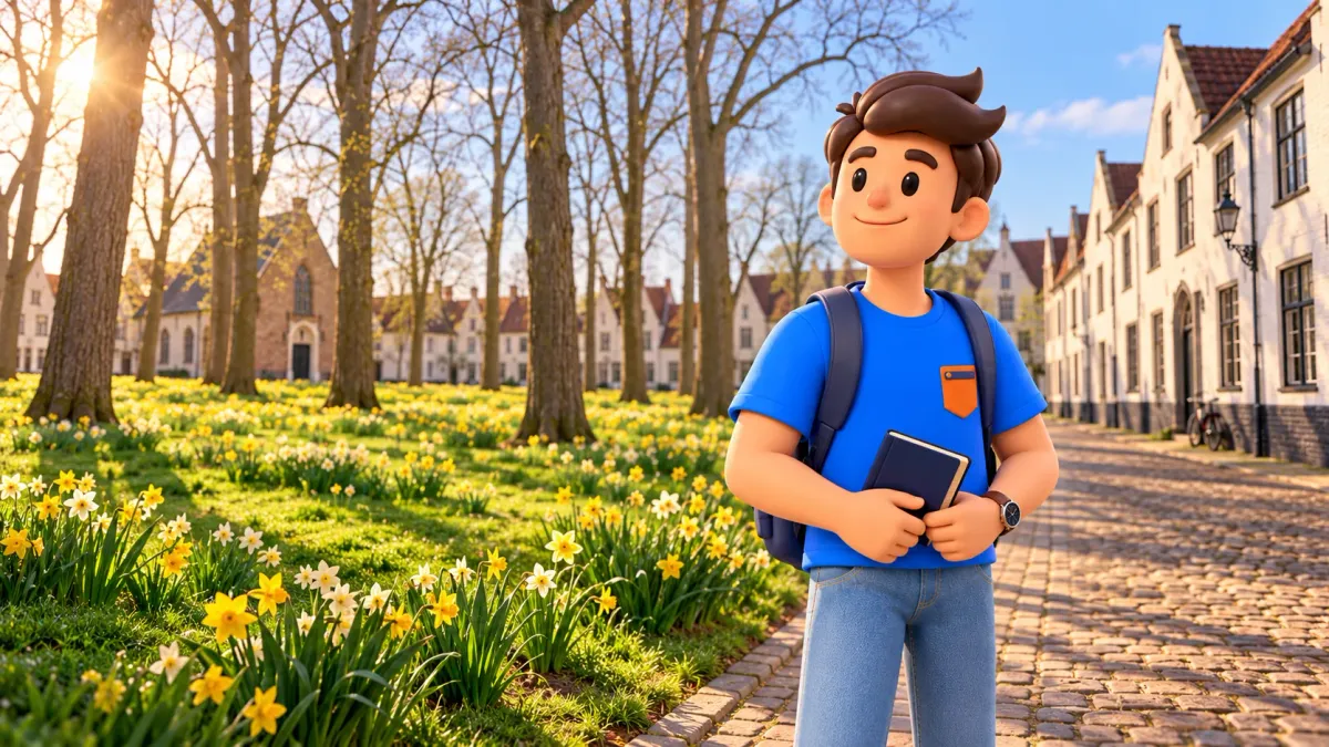 Personnage avec carnet fermé sur le chemin du béguinage près des fleurs printanières