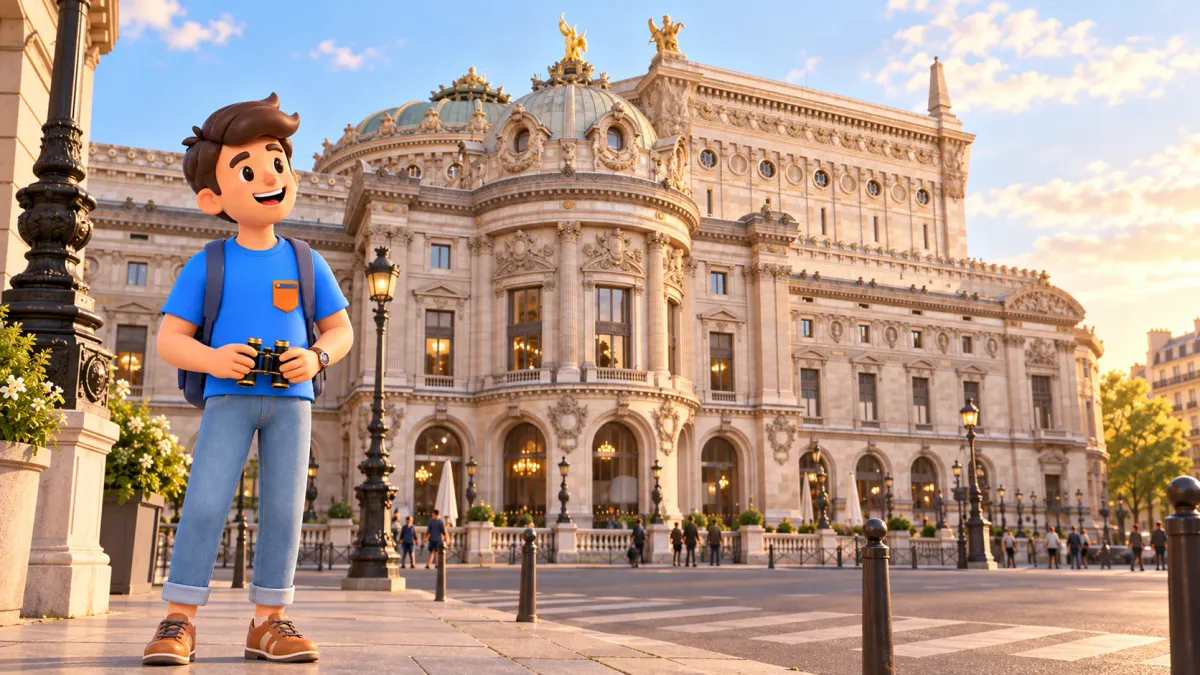 Viajero con prismáticos de teatro ante la fachada oriental del Palais Garnier