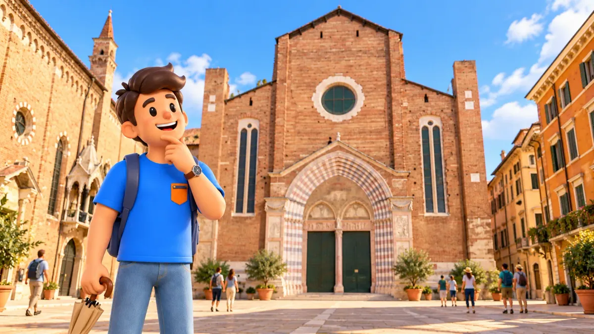 Personaje de RoadMe con paraguas ante la fachada de ladrillo de Santa Anastasia