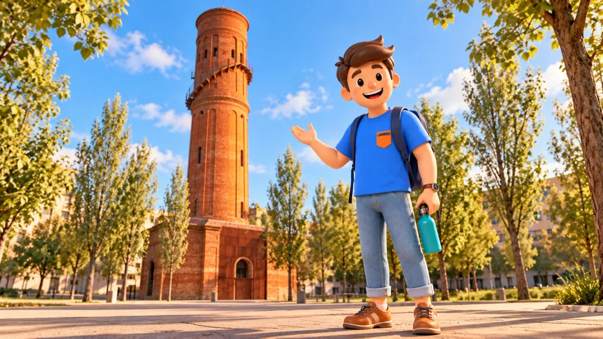 Illustration d’un voyageur avec une gourde fermée devant le château d’eau du Besòs en brique.