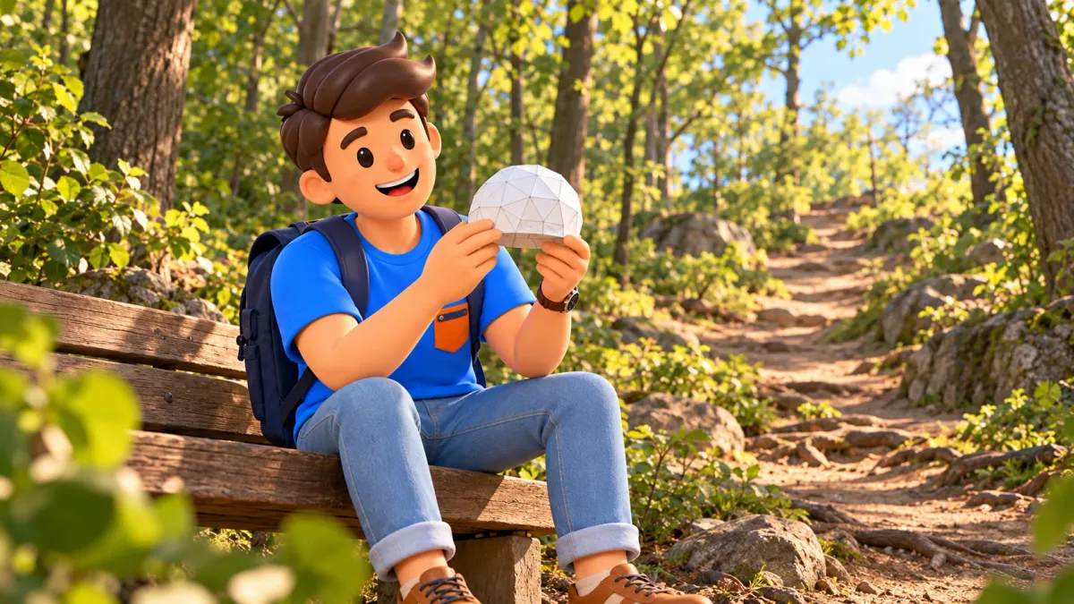 Ilustración de un viajero observando una cúpula geodésica imaginaria de papel en un banco del bosque.