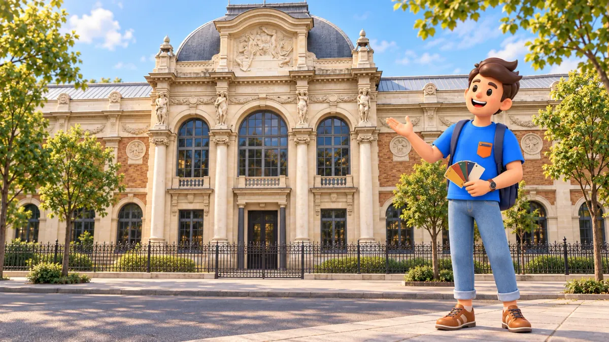 Viajero con un abanico de muestras de color ante la Galerie des Gobelins