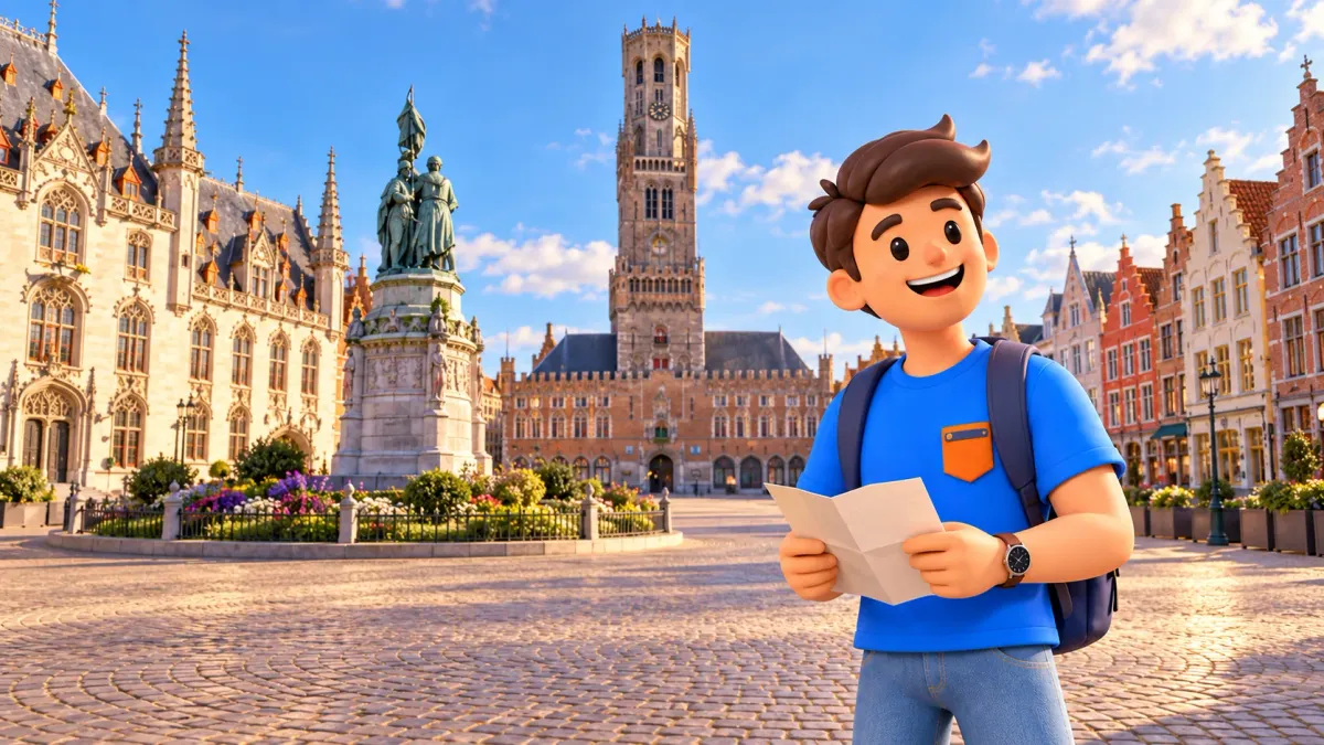 Personaje con papel plegado en el Markt ante el Campanario y Palacio Provincial