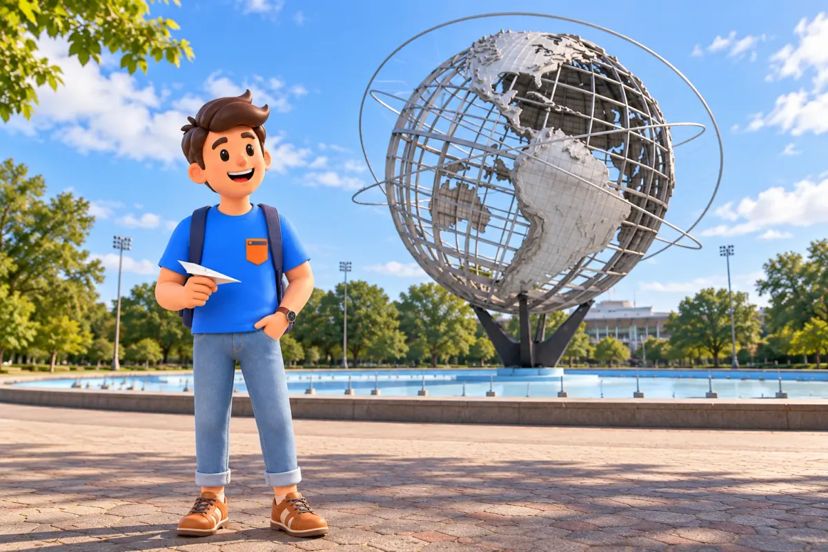 Ilustración de un viajero con su avión de papel ante la Unisphere estilizada.