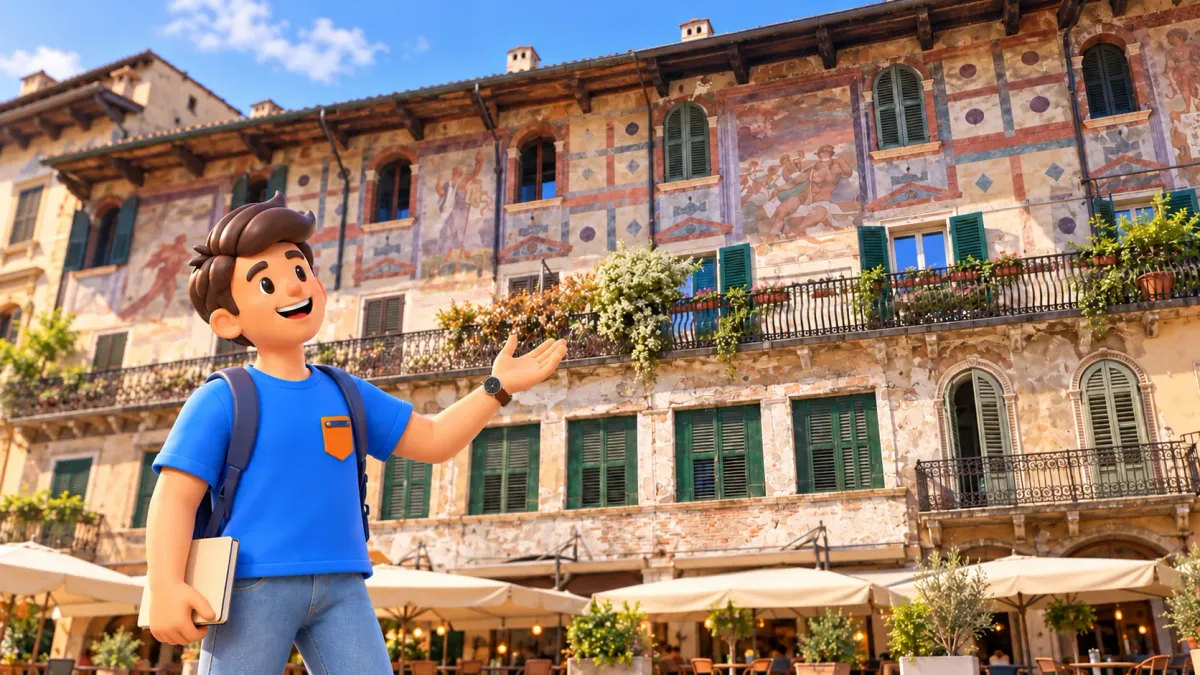 RoadMe character with a notebook beside the painted Mazzanti Houses in Piazza delle Erbe