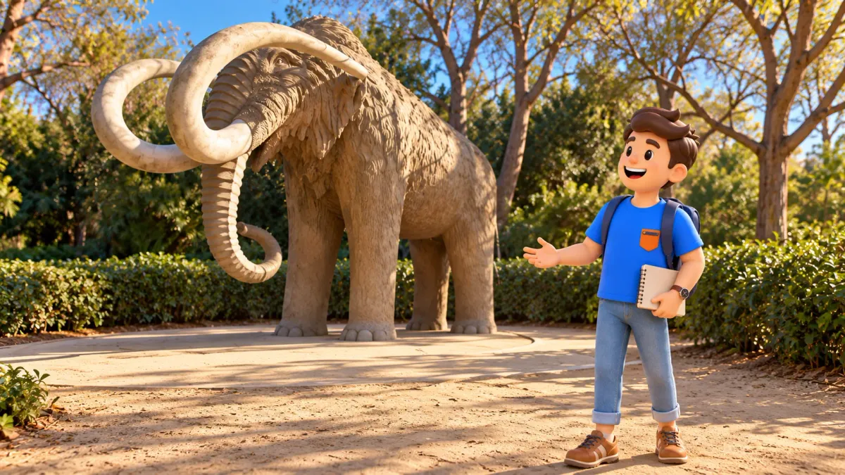 Ilustración de un viajero con cuaderno a distancia de la escultura del mamut de la Ciutadella.