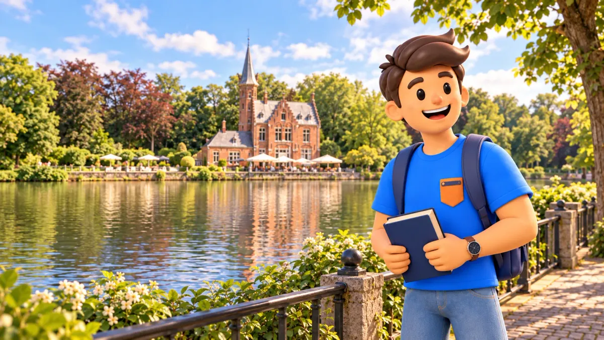Character with a closed book beside Minnewater and a red-brick building across the lake