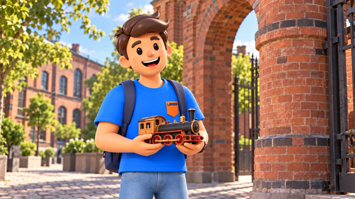 Illustration d’un voyageur avec une locomotive miniature près d’une entrée industrielle imaginaire en brique.