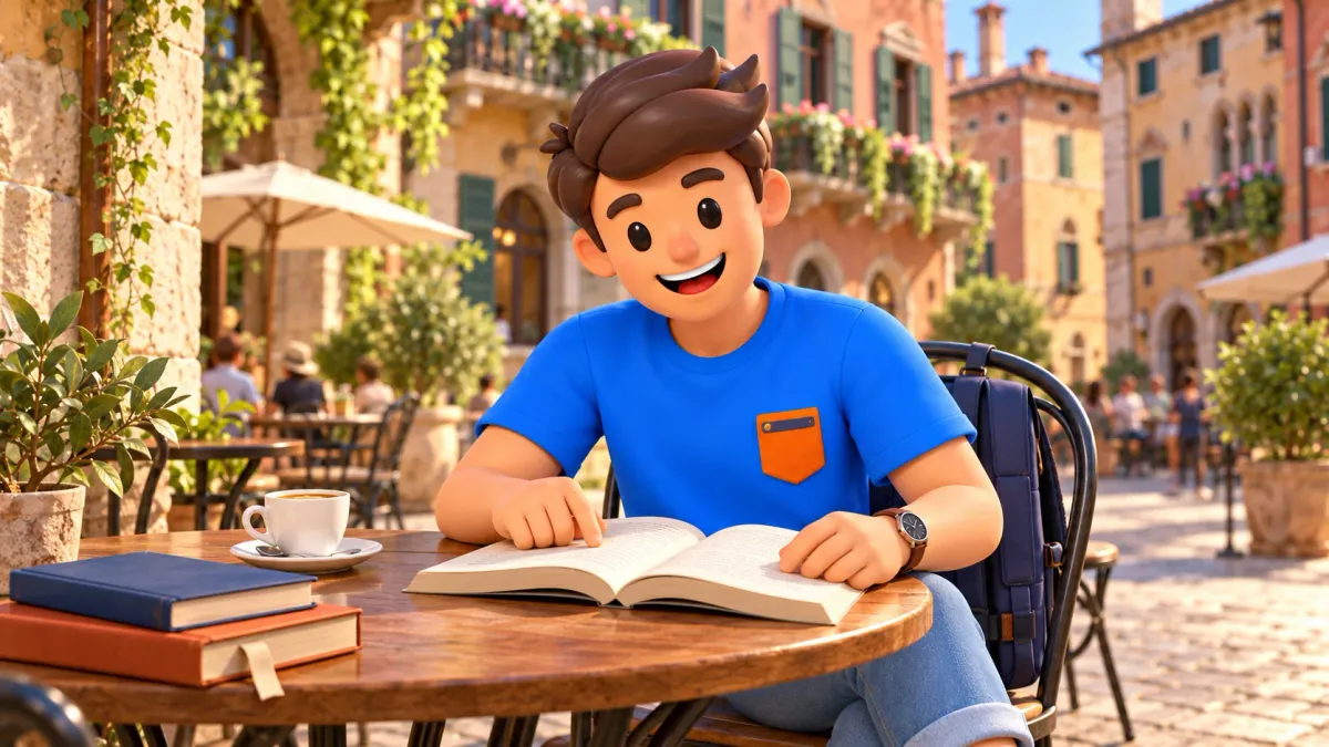 Ilustración de un viajero leyendo su propio libro en una terraza de Verona