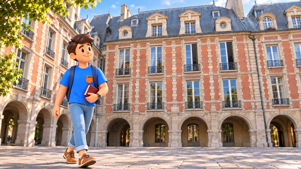 Le voyageur RoadMe passe avec un livre devant la maison de Victor Hugo place des Vosges