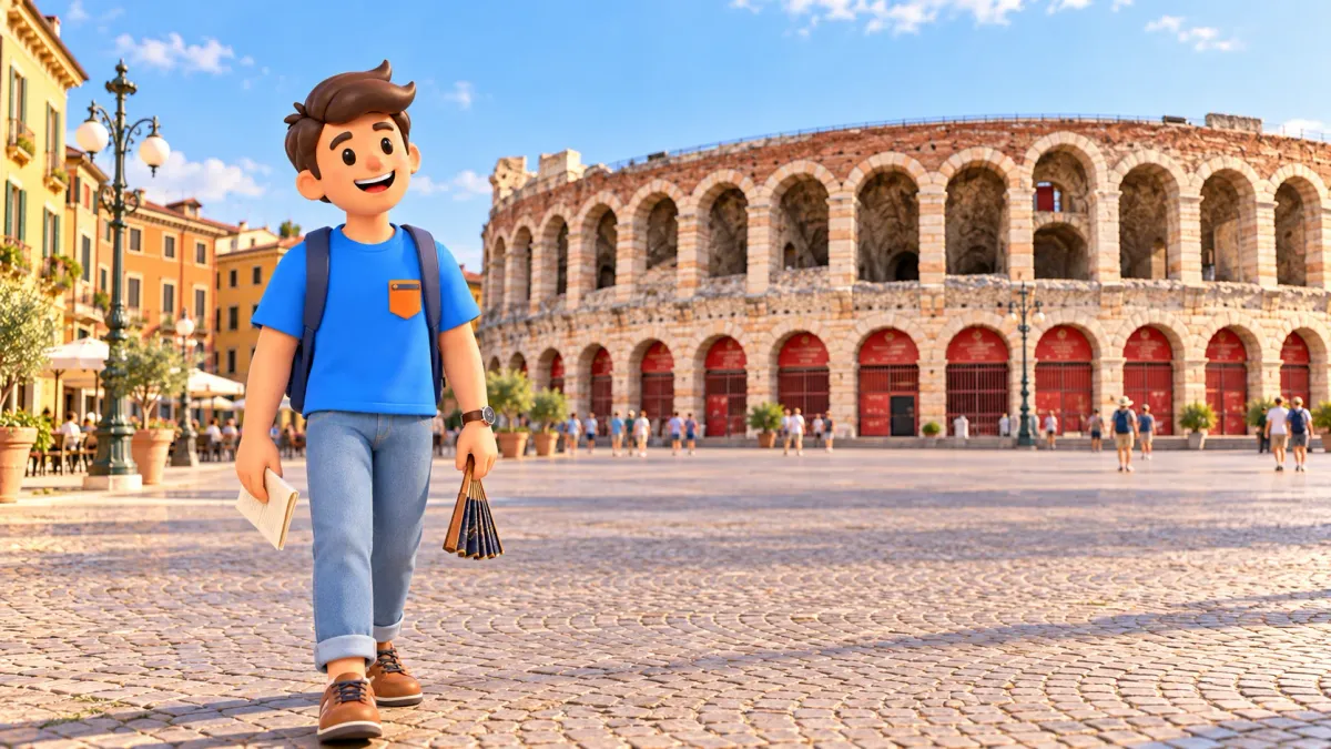 Illustration eines Reisenden mit Programm und Fächer vor der Arena am Vormittag