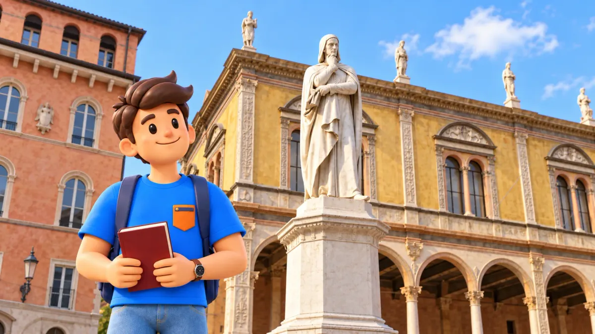 Ilustración de un viajero con un libro junto al monumento a Dante en Piazza dei Signori