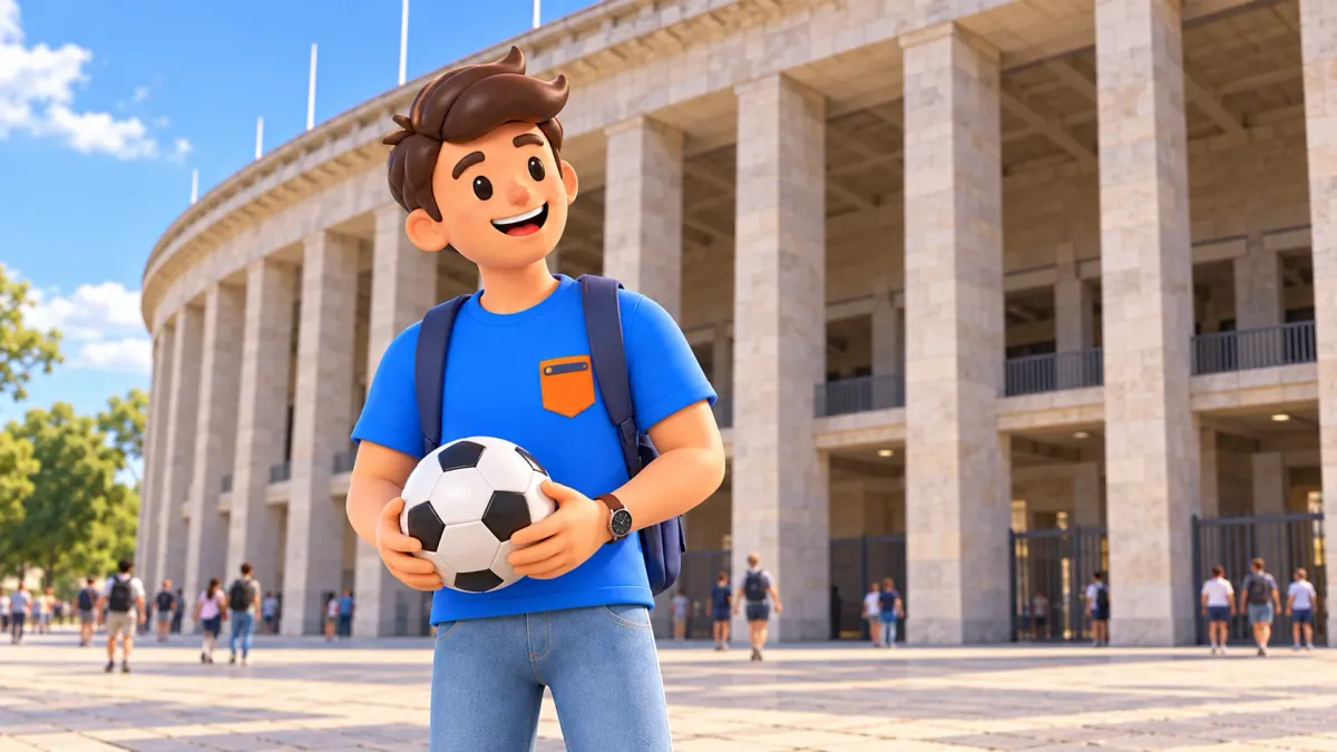 Ilustración de un viajero con balón ante un fragmento de columnata de estadio.
