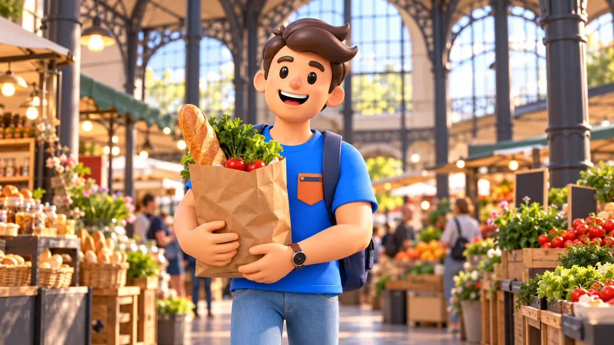 Illustration of a traveller with a paper grocery bag in an imagined historic market hall.