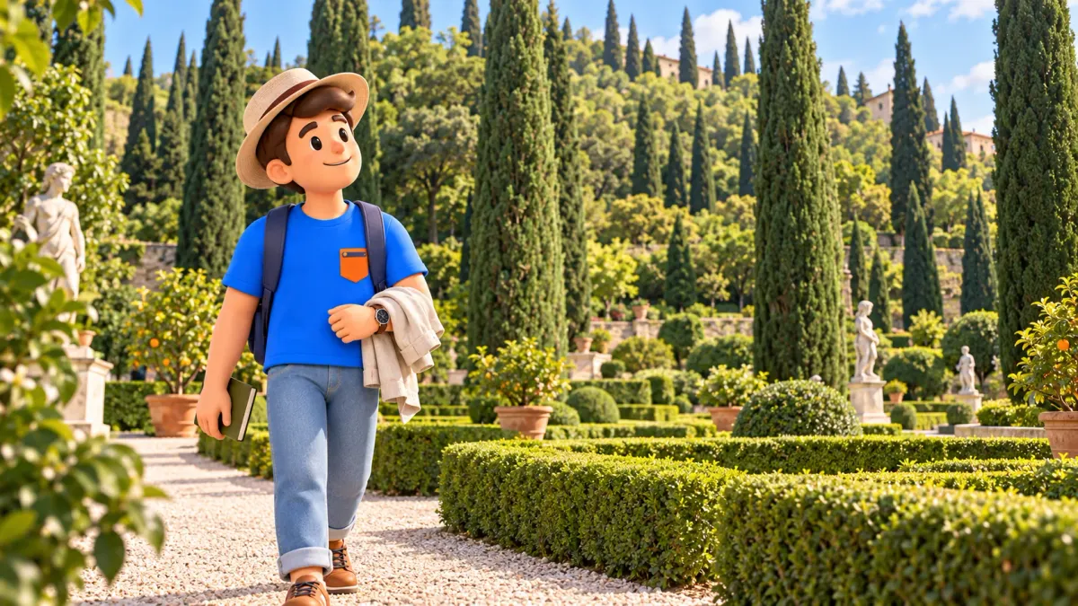 Ilustración de un viajero con sombrero entre setos y cipreses del jardín Giusti