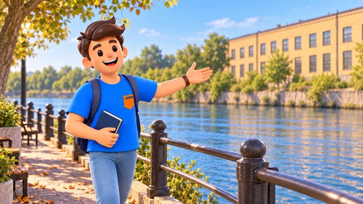 Illustration of a traveller with a book beside a river and an imagined yellow-brick industrial building.