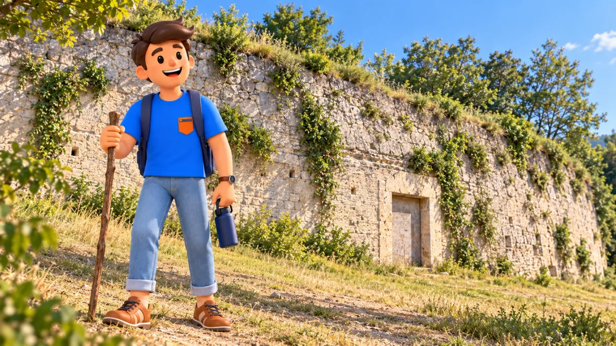 Ilustración de un viajero con bastón y agua ante el muro exterior de San Felice