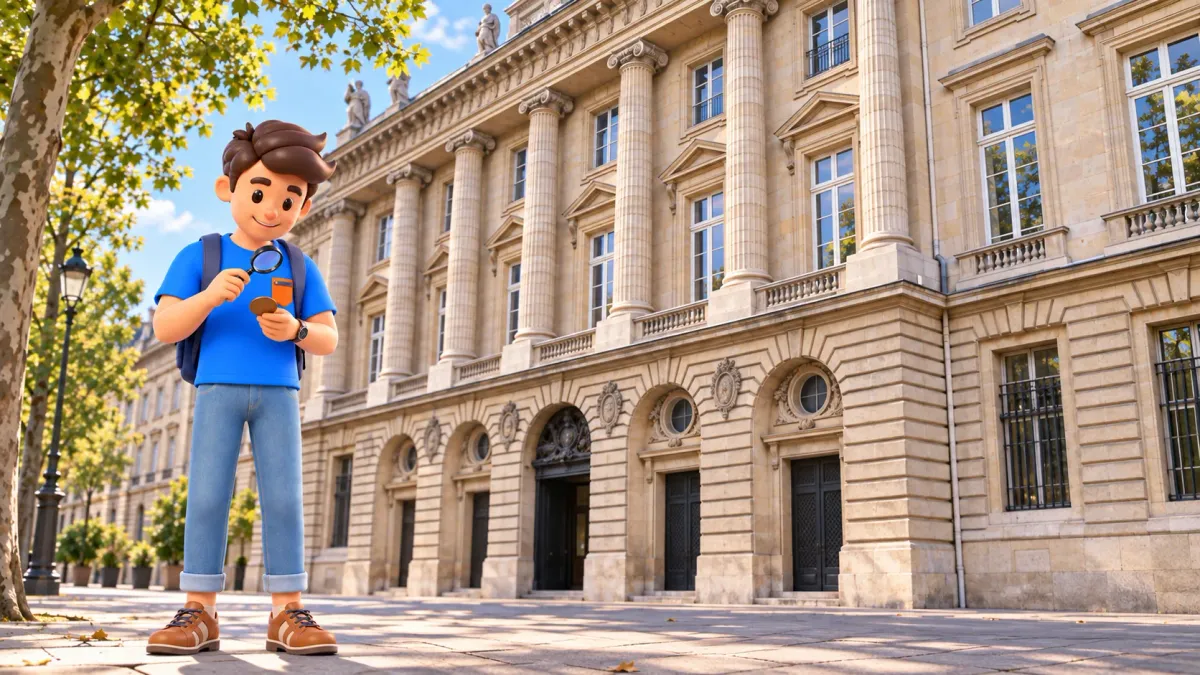 Le voyageur RoadMe examine une médaille à la loupe devant la Monnaie de Paris