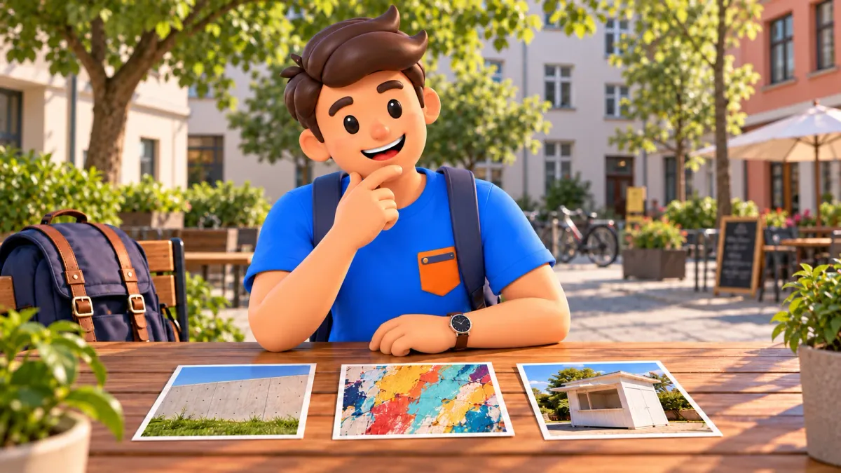 Illustration of a traveller choosing between cards showing a wall, a mural and a white booth.