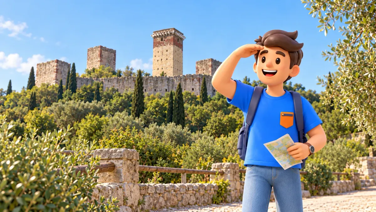 Illustration eines Reisenden beim Blick auf die Türme der Burg Montorio