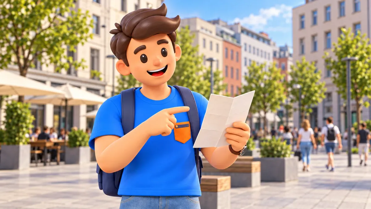 Illustration d’un voyageur consultant un programme plié dans une rue ordinaire.