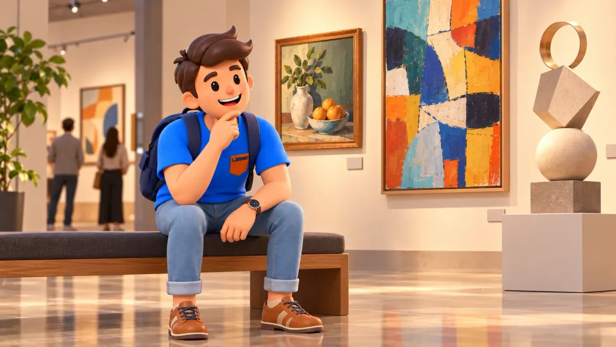Ilustración de un viajero en un banco de museo ante un bodegón, pintura abstracta y escultura geométrica.