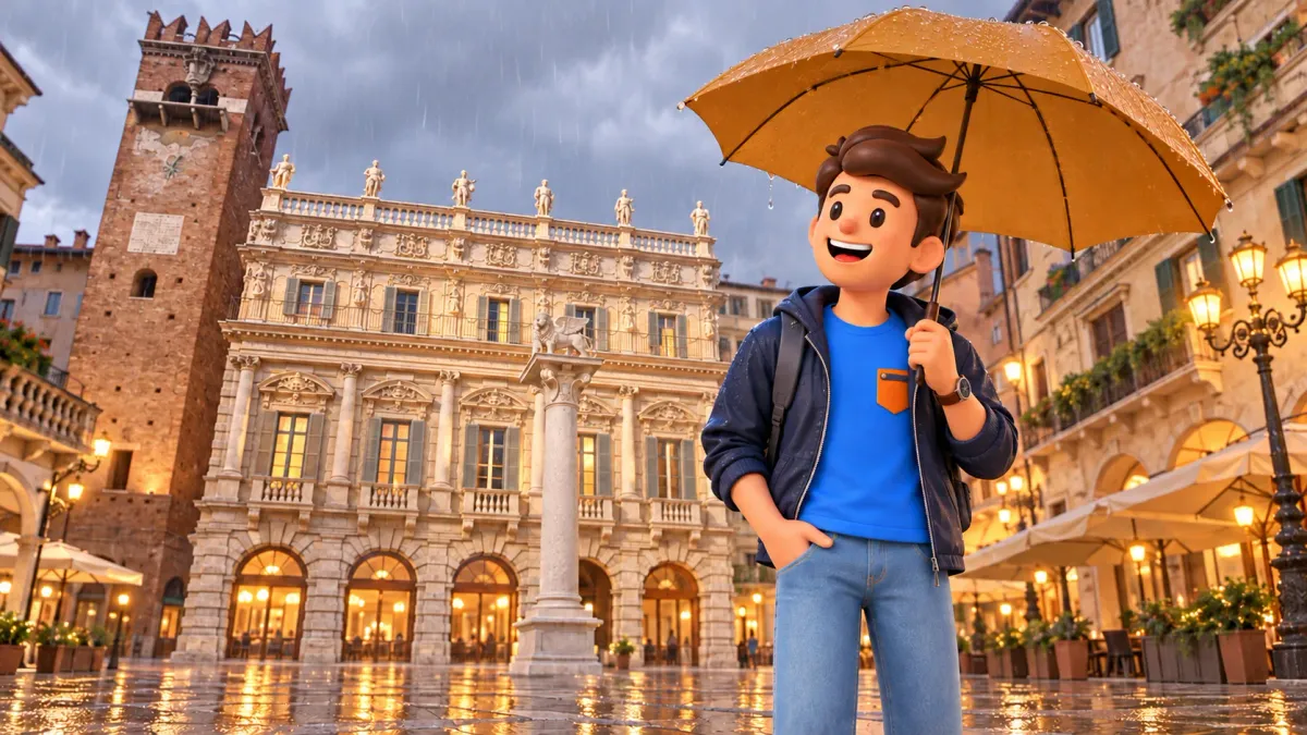 Illustration d’un voyageur avec un parapluie devant Palazzo Maffei sous la pluie