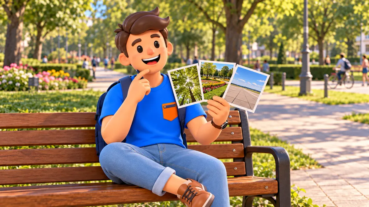 Ilustración de un viajero en un banco eligiendo entre bosque, jardín formal y campo abierto.