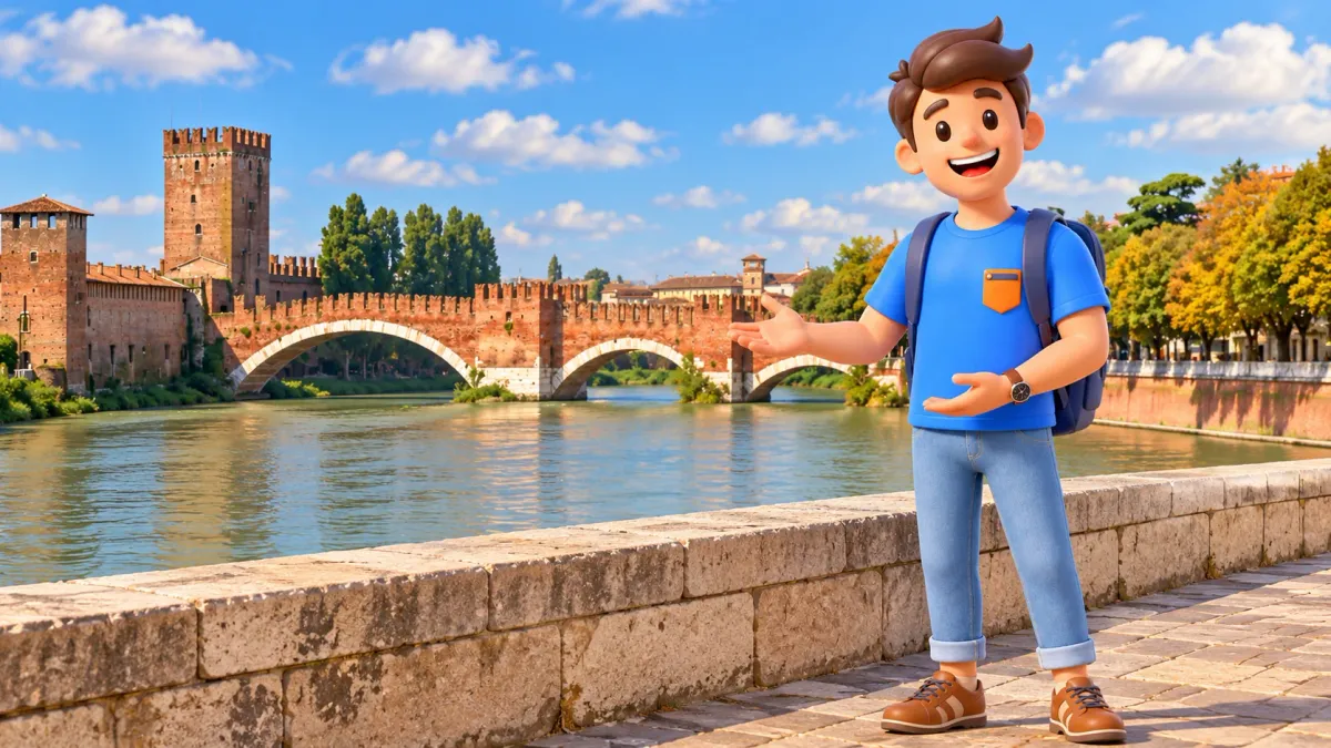 Illustration d’un voyageur admirant le pont des Scaliger depuis la rive