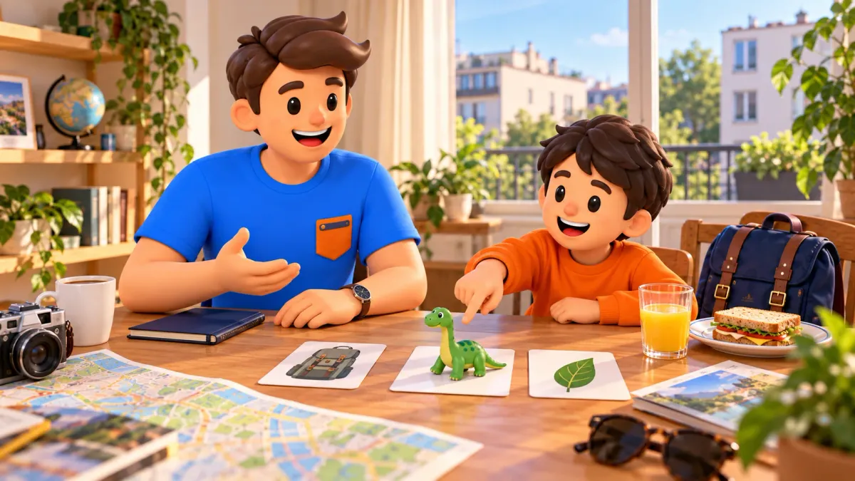 Illustration of a traveller and child at breakfast choosing a dinosaur toy as their day’s theme.