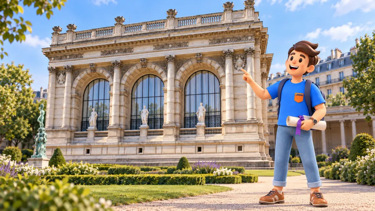 RoadMe traveler with a paper roll and violet ribbon looks at Galliera’s garden façade