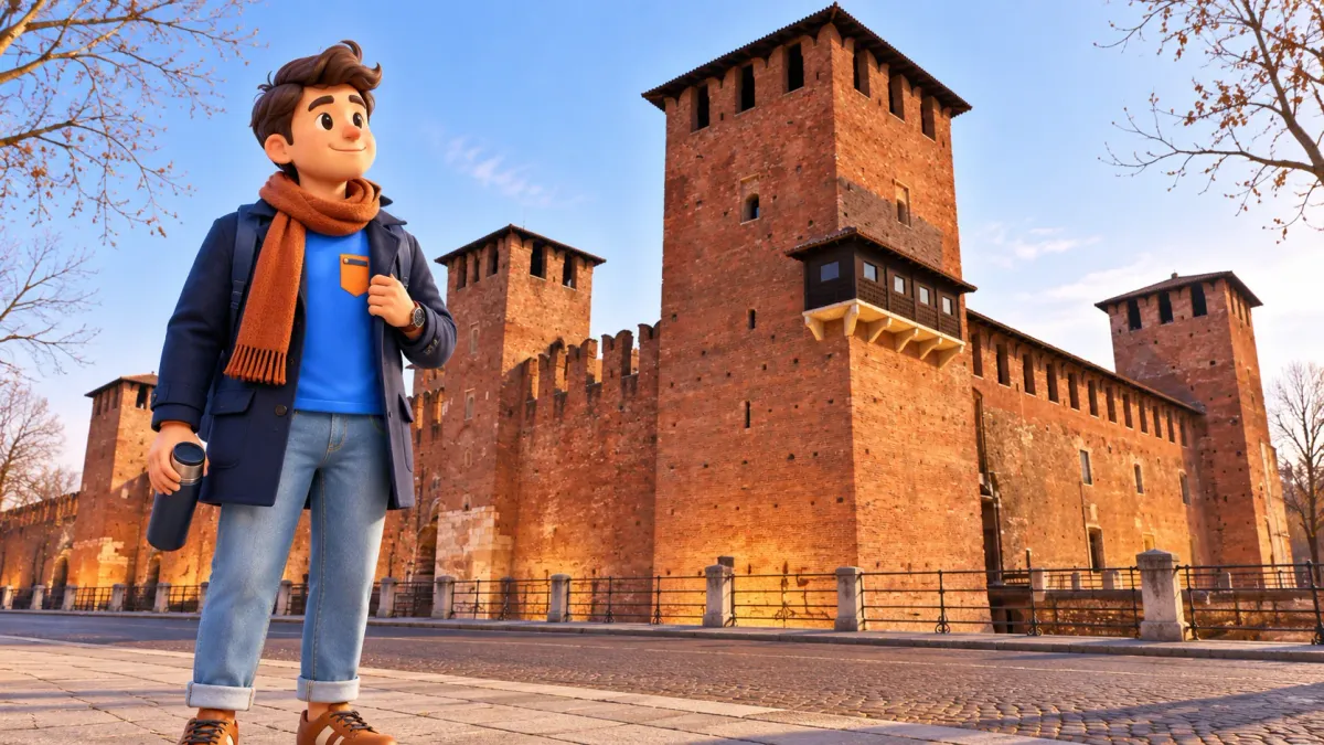 Illustration : voyageur en manteau et écharpe devant Castelvecchio en hiver
