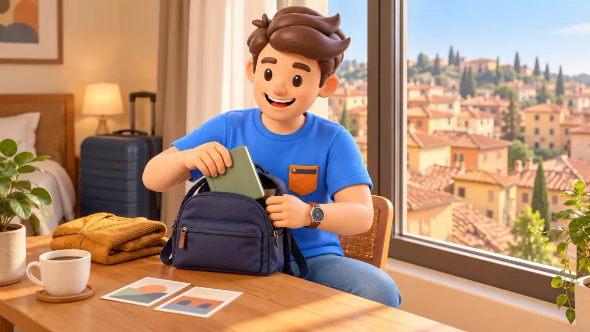 Ilustración: viajero preparando una bolsa pequeña para una salida corta