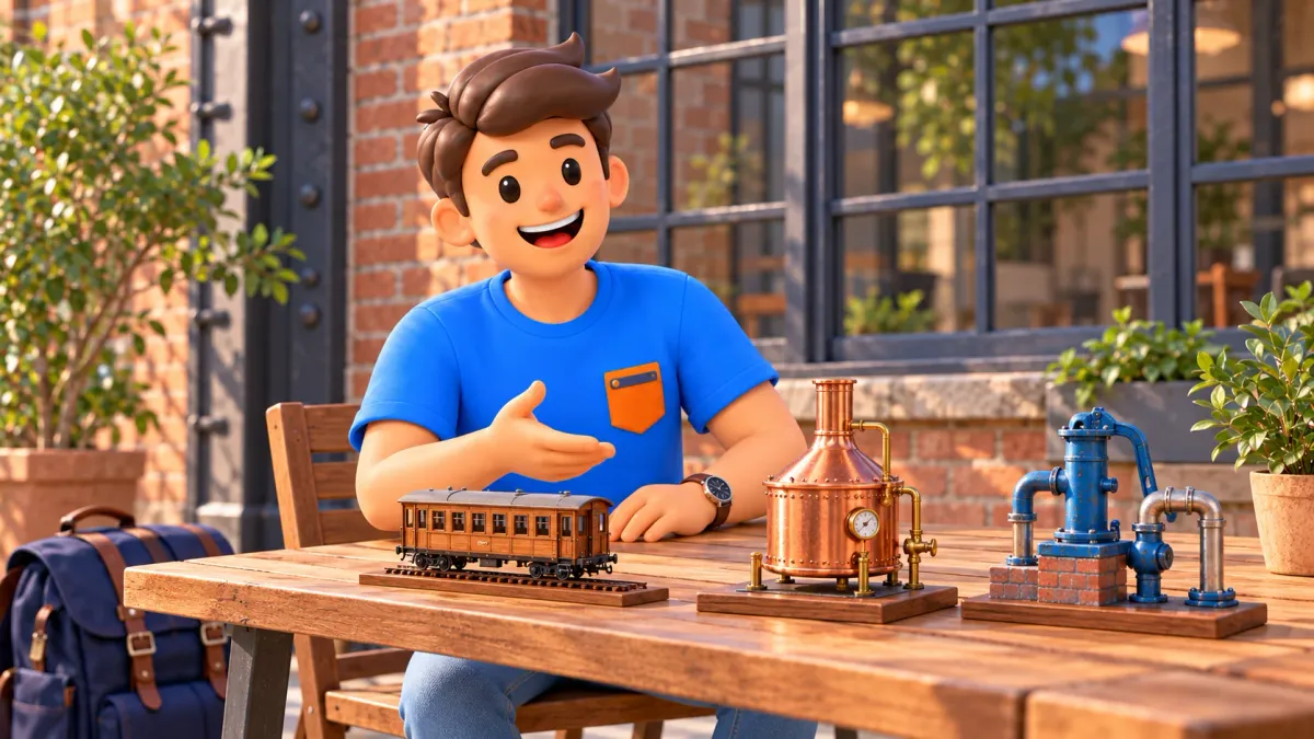 Illustration of a traveller with educational miniatures of a railway carriage, brewing vessel and pump.