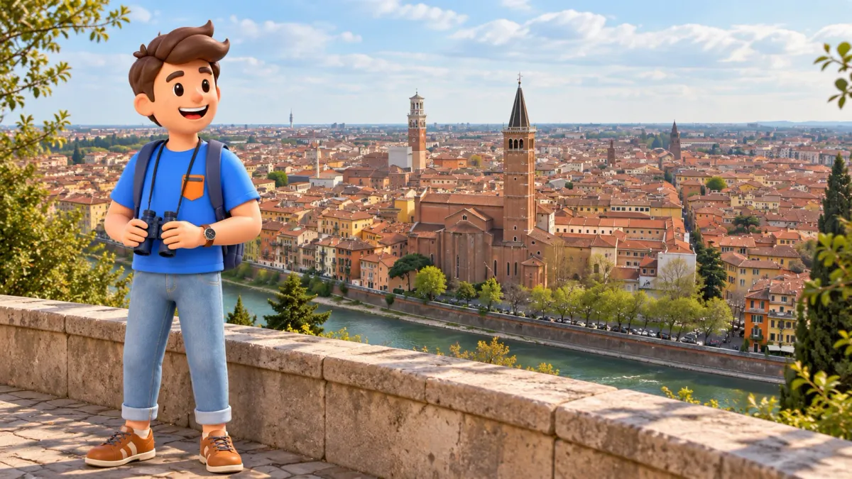 Ilustración: viajero con prismáticos ante el panorama de Verona desde San Pietro
