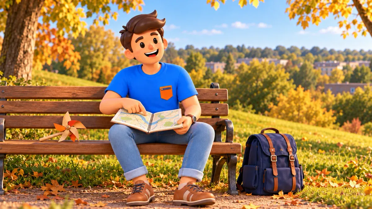 Ilustración de un viajero con cuaderno abierto y molinillo de juguete en un banco junto a una colina de parque.