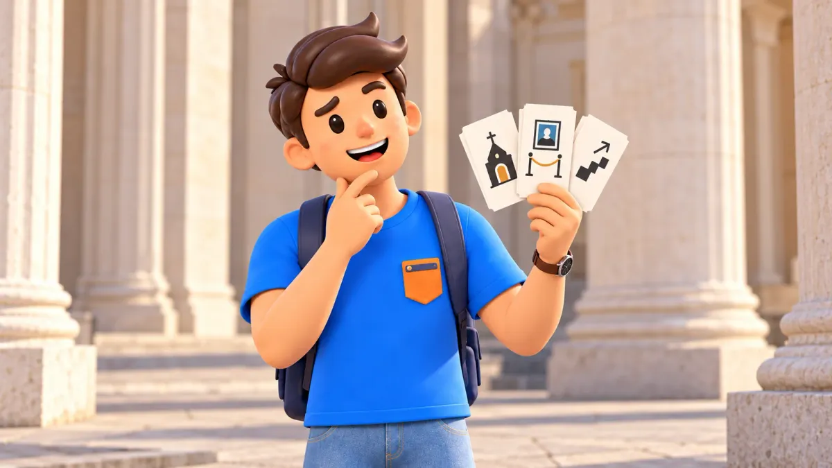 Ilustración de un viajero comparando tres tarjetas conceptuales con símbolos de iglesia, museo y escalera.