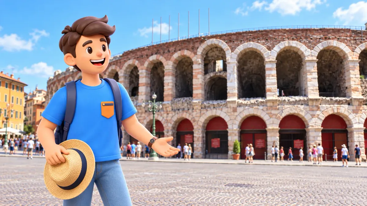 Illustration: Reisender mit Hut vor der Arena von Verona bei Tag