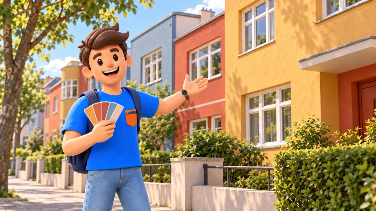 Illustration of a traveller holding colour swatches on a public pavement before imagined modernist residential façades.