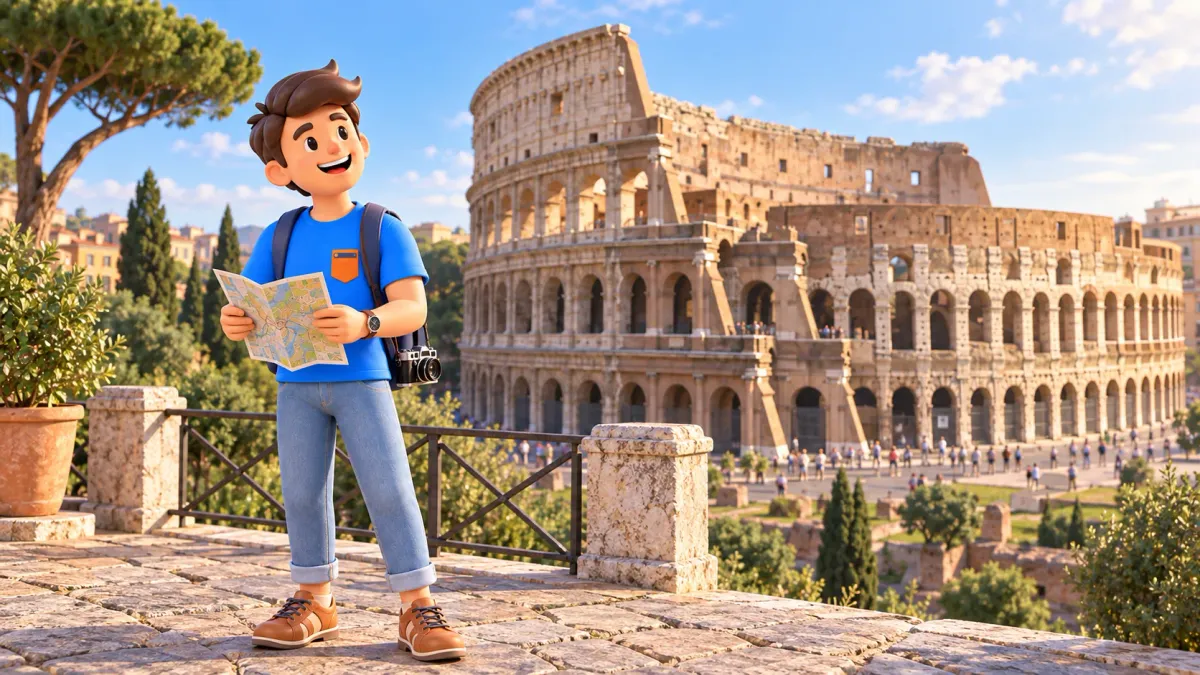 A traveller choosing a walk with a map in front of the Colosseum