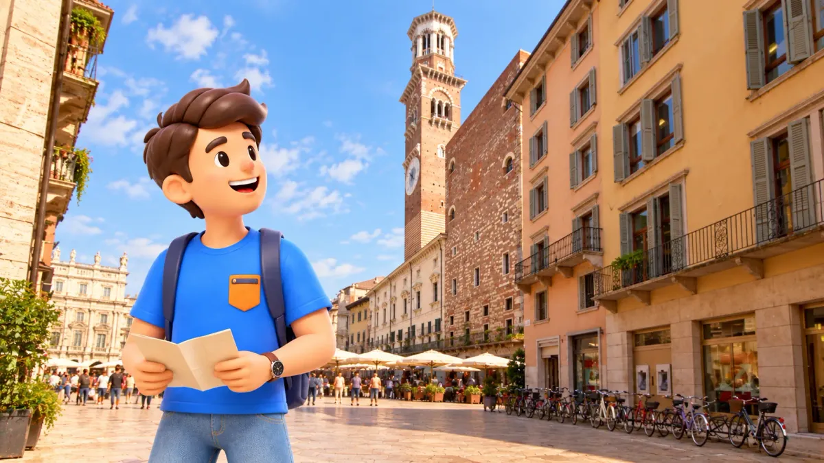 Ilustración: viajero con un folleto mirando la torre de los Lamberti junto a la plaza Erbe