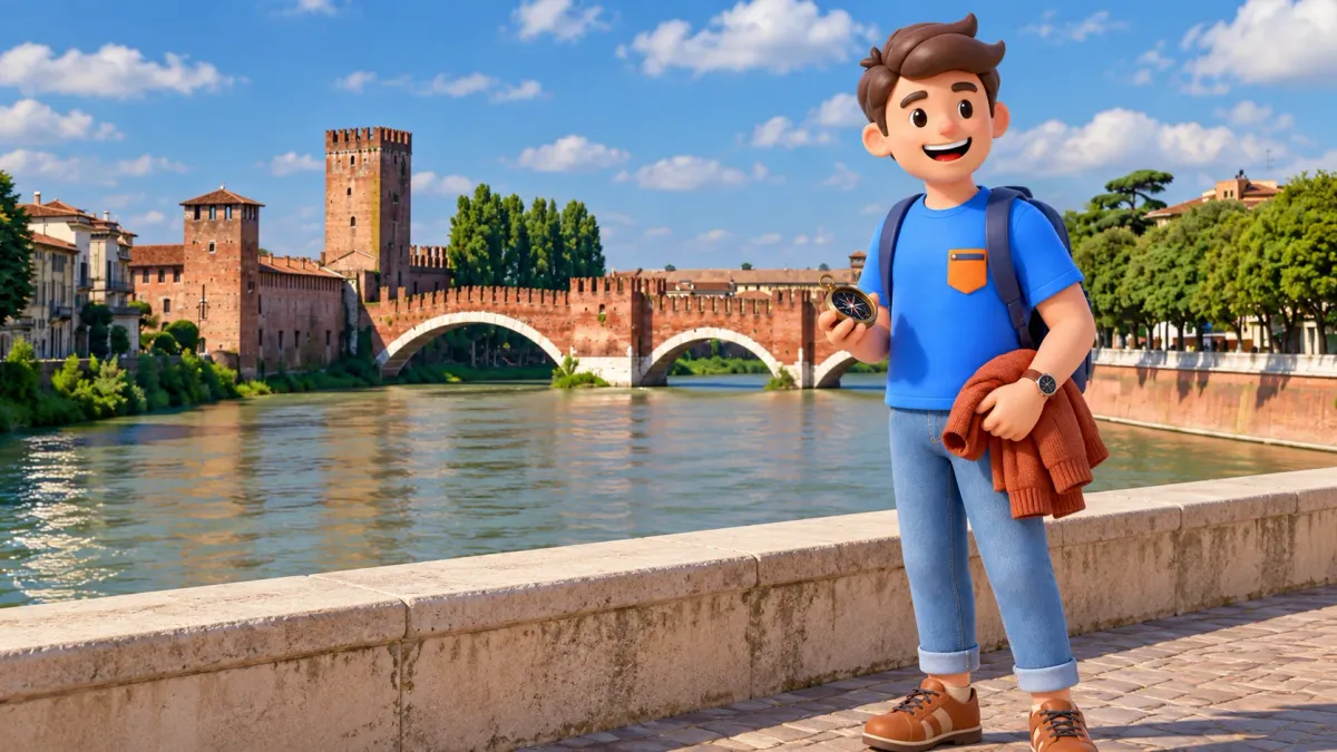 Illustration : voyageur avec boussole et cardigan devant le pont Scaliger