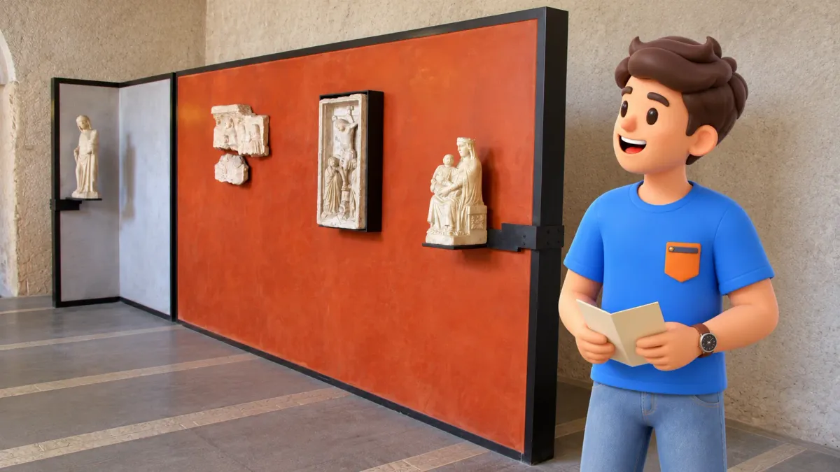 Illustration d’un voyageur devant des sculptures présentées par Scarpa à Castelvecchio